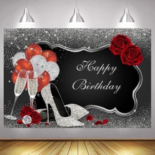 Sliver and Black Happy Birthday Party Photo Backdrop Women Rose Flower Balloon Decoration Photography Backgrounds Banner