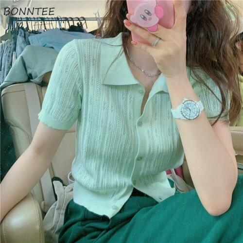 T-shirts Women Solid All-match Slim Sweet Ulzzang Vintage Temperament Turn-down Collar Fashion Summer New Female Knitted Tops