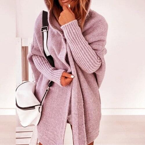 New Womens Knitted Cardigan Sweater With Cap Collar Temperament Bat-shaped Hoodie Soft Loose Back Sstitching Sweater