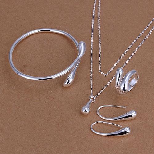 Women Fashion Silver Plated Bracelet Necklace Ring Hook Oval Earrings Jewelry Set New Chic