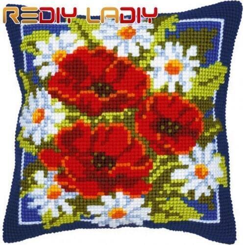 LADIY Cross Stitch Pillow Cover POPPIES AND DAISIES DMC Counted Cross-Stitch Kits Cushions for Sofas Home Decorative Pillow Case