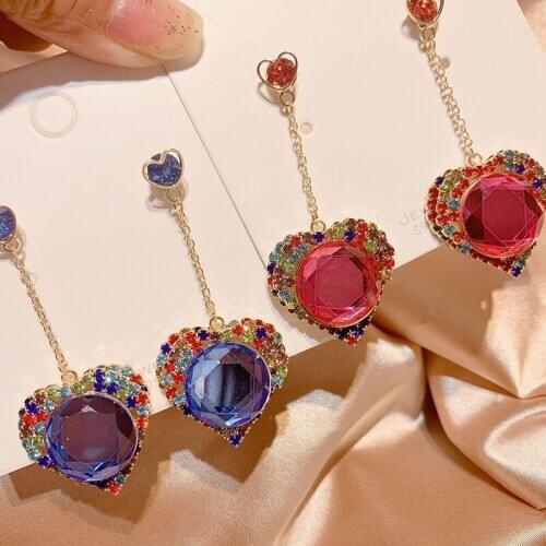 Hot Sale Korean New Luxury Heart Crystal Long Pendientes Mujer Moda Colorful Rhinestone Drop Earrings Party Jewelry