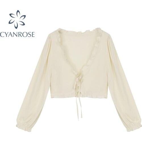 Korean Style Sweet Long Sleeve Sun-Proof Cardigan Top Womens V Neck Ear Edge Pleated Lace-Up All-Match Ladies Short Casual Tops