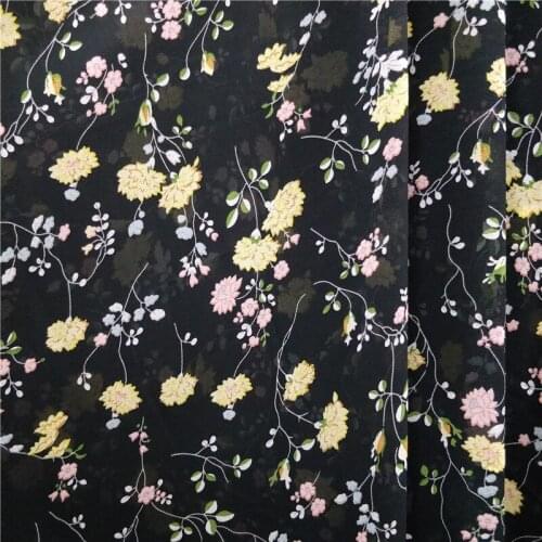 Fashion Chiffon Black Material Floral 75d Dropping breathable scarf blouse DIY craft fabric 1 yard