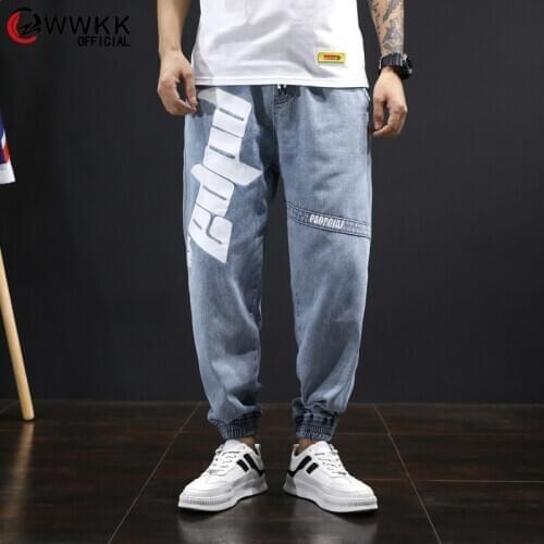 WWKK high waist jeans man plus size street style elastic waist denim pants Cotton Loose Coated Vintage Washed boyfriend jeans