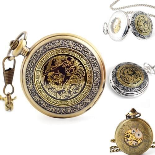Brand Retro Bronze Men‘s Mechanical Pocket Watch Chinese Enamel Style,Vintage Womens Silver Necklace Pendant Clock Birthday Gift