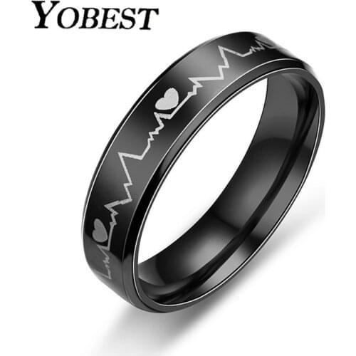 Yobest 2020 Black Stainless Steel Electrocardiogram Heartbeat Rings For Men Rock Ring Jewelry