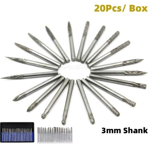 20 Pcs 3.0MM 1/8" Shank Mini Glass Diamond Dremel Carbide Burrs Drill Bit Set Rotary Bits For Metal Woodworking Carving Tool