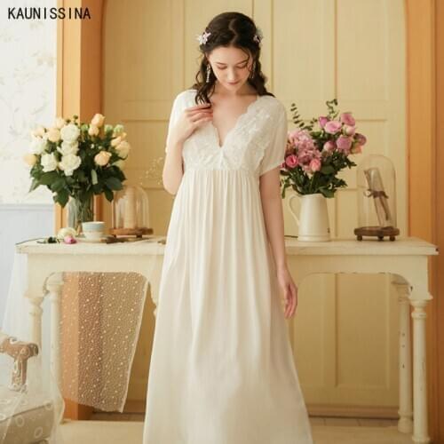 Nightgown Spring Summer Sleepwear Dress Women 100% Cotton Nightdress V-Neck Short Sleeve Lace Princess Nightgown Long Nightwear
