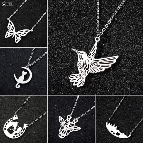 Stainless Steel Origami Hummingbird Necklaces Cute Horse Animal Kitten Jewelry Cat on the Moon Pendant Necklace Women Collane