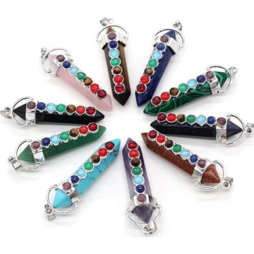 Natural Stone Pendulum 7 Chakra Reiki Healing Alloy Crystal Pendant Hexagon Point Charm DIY Necklace Jewelry Making Accessories