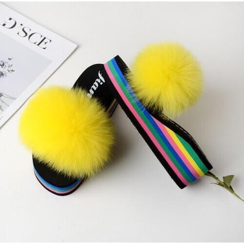 2020 Autumn And Winter Fur Slippers Women Real Fox Fur Slides Furry Flat Sandals Female Casual Cute Fluffy Shoes