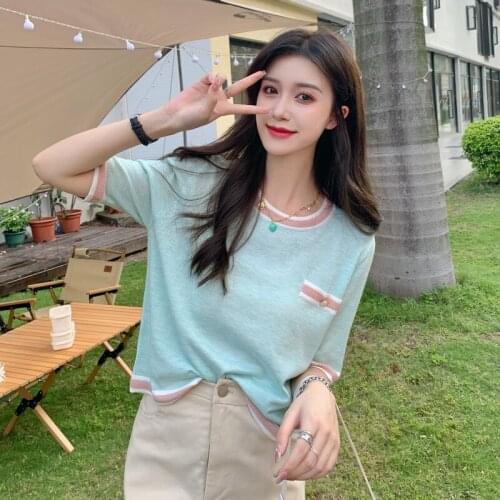 Tops The New Soft and Sweet Ice Silk Sweater Womens Summer Short-sleeved Thin Section Loose and Thin Cover Belly Top