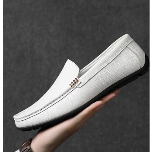 Summer Genuine Leather Slip on Men Shoes Moccasins Business Loafers Men Designer Driving Shoes Casual Luxury Flats White Wedding