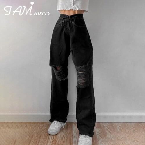 Vintage Ripped High Waist Wide Leg Womens Fashion Jeans Grey Hole Oversize Distressed Mom Streetwear Denim Trousers Iamhotty