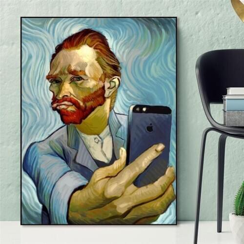 Funny Art Van Gogh Selfie By Phone Canvas Paintings on The Wall Art Posters and Prints Abstract Portrait of Van Gogh Pictures