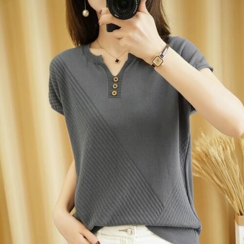 Pure cotton T-shirt women 2021 summer new V-neck pullover solid color knitwear plus size casual sweater short-sleeved tees hot