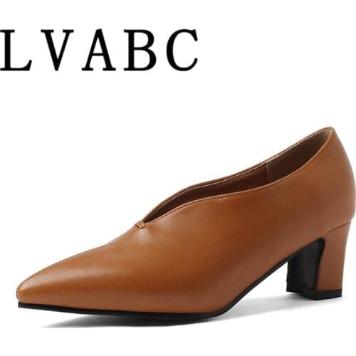 2019 New Women Pumps Black High heels 5.5cm Lady Patent PU Thick with Autumn Pointed Single Shoes Female Sandals Big 31-46