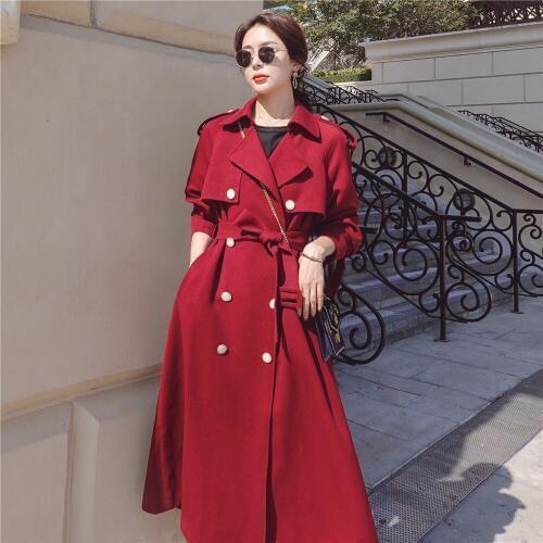 High Quality Double-breasted Trench Coat Women Autumn British Lapel Long Windbreake Korean Chic Waist Belt Ladies Overcoats W39