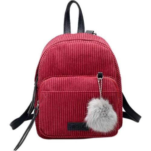 Girl Mini Backpack Women Pompom Ball Solid Color Corduroy Small Backpack Autumn Winter Teenage Travel School Bag Mochila