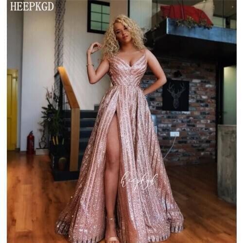 Sparkly Dusty Rose Long Evening Dress High Slit Sweetheart Sexy Prom Gowns Plus Size Girls Graduation Dresses Robe De Soiree