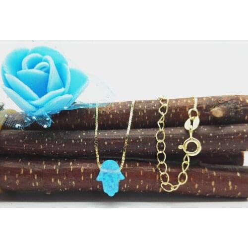1pc/lot Free shipping 8*10mm synthetic opal hamsa necklace hand shape pendant 925 sterling silver necklace gold chain necklace