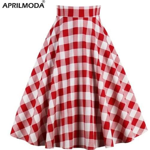 2021 School Checkered Plaid Casual Skirt Women Red and White 50s High Waist Rockabilly Cotton Summer Vintage Swing Women Skirts