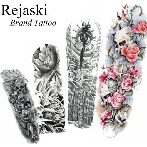 3D Pencil Sketch Lotus Buddha Waterproof Tattoo Full Arm Body Art Temporary Tattoo Stickers Black Church Men Big Eye Tatoo Women