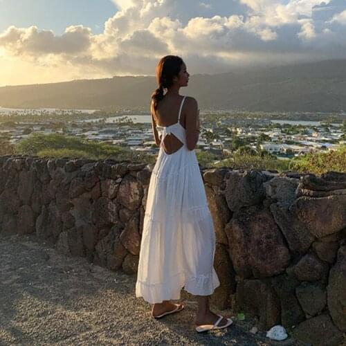 White Dresses For Women 2021 Backless Bow Sling Is Sexy Comfortable Breathable V-Neck Pure Ruffled Elegant Fashion Long Skirt