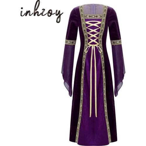 Renaissance Girls Costume Role-Playing Party Carnival Medieval Long Sleeve Vintage Royal Court Pattern Embroidered Long Dress