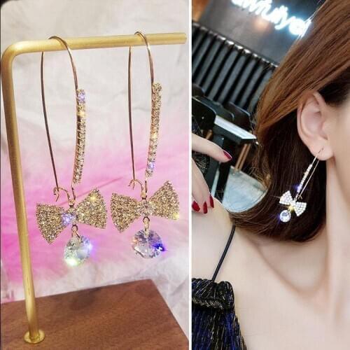 Korea Style Long Earrings Exaggerated Necktie Earrings Full Diamond Bowknot Pendant Earrings For Women
