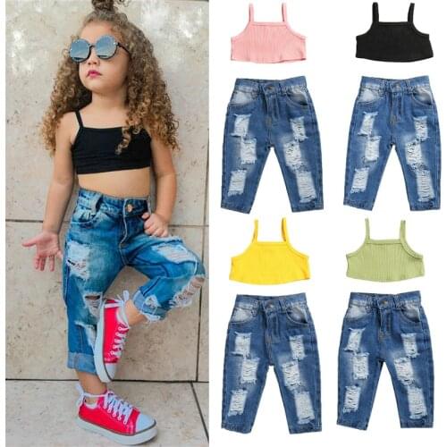 FOCUSNORM 1-5Y Fashion Kids Girls Clothes Sets 4 Colors Solid Sleeveless Crop Tops Hole Denim Pant Jeans