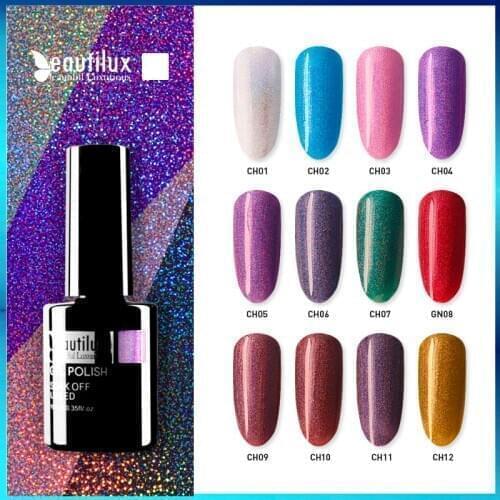 Beautilux 1pc Holographic Glitter Bling Gloss Sparkle UV Nail Gel Polish Rainbow Color Soak Off Gels Nail Art Varnish 10ml