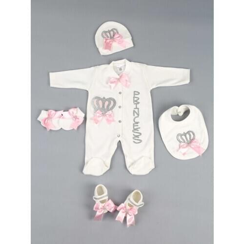 Pink baby girl rompers queen crowned 5 piece jumpsuit sets styled babies jumpsuit gloves hat bib shoes daily cotton fabric model