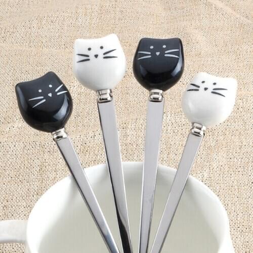 Lovely Flatware Kitchen Tool Ice Cream Cartoon Fork Spoon Stainless Steel Coffee Spoon Cat Ceramic Spoon