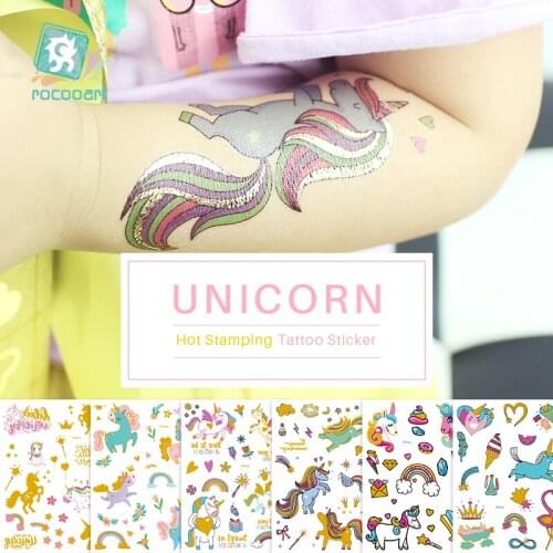 Cute Golden Unicorn Rainbow Water Transfer Waterproof Temporary Tattoo Stickers For Kids Girl Children Gift Fake Tattoos