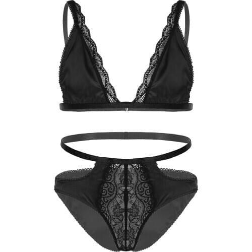 Mens Male Exotic Sets Satin Sissy Lingerie Set Costumes Lace Trimming Bra Tops with Jockstraps Pouch Briefs Panties Underwear