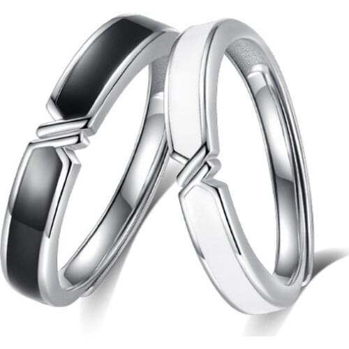 2Pcs Black and White Lovers Knot Ring Bands Kit Couples Matching Rings Promise Wedding Bands Adjustable for Him and Her