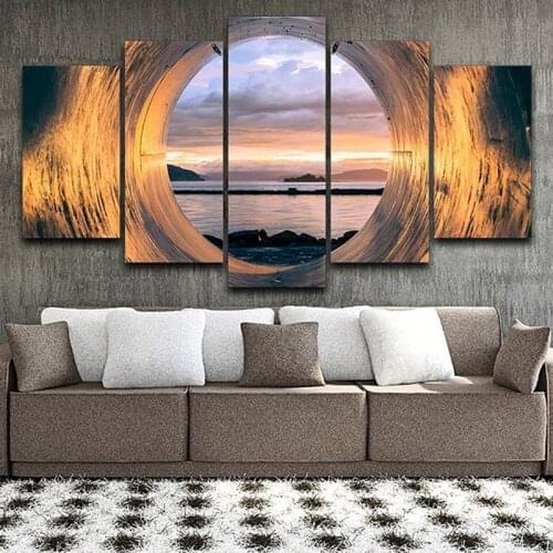 5 Pieces Tube Sunset Ocean View Wall Art Painting Modular Poster Modern Canvas Hd Print Pictures Living Room Home Decor