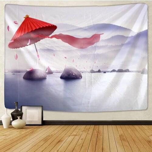 Art Tapestry Red Umbrella Mountain Lake Landscape Wall Hanging Tapestries Boho Decor Home Psychedelic Hippie Wall Tapestry
