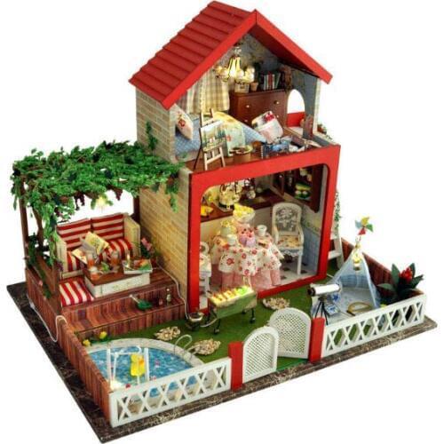 Newest DIY Wood Doll House with Furniture,Romantic Purple House Miniature Dollhouse Assembling Toys for Kids Birthday Present