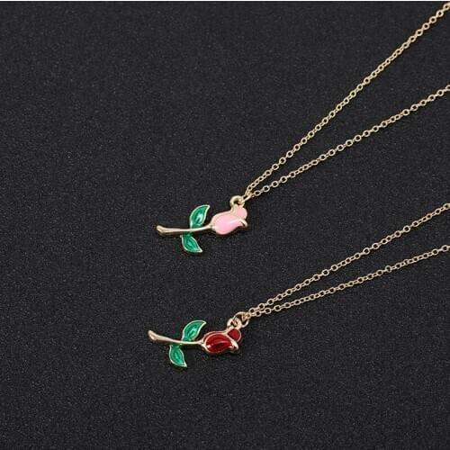 Gift Valentines Day Cartoon Colorful Crimson or Pink Colors Rose Flower Branch with Green Leaf Chain pendant Necklaces jewelry