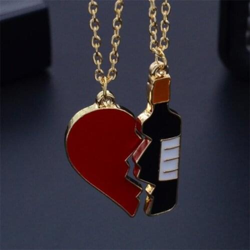 Cracked Heart Shape and Wine Bottle Pendant Necklace Best Friends Couple Necklace BFF Good Friends Friendship Jewelry Gift