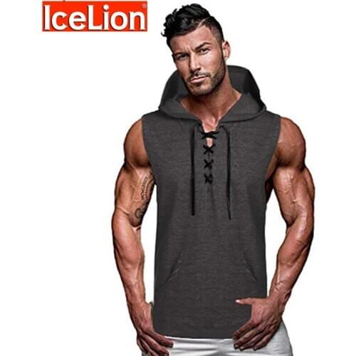 IceLion Sleeveless Hoodies Men Solid Hooded Casual Men Sweatshirt Men Loose Comfortable Hooded Men Casual Lace Up Tracksuit