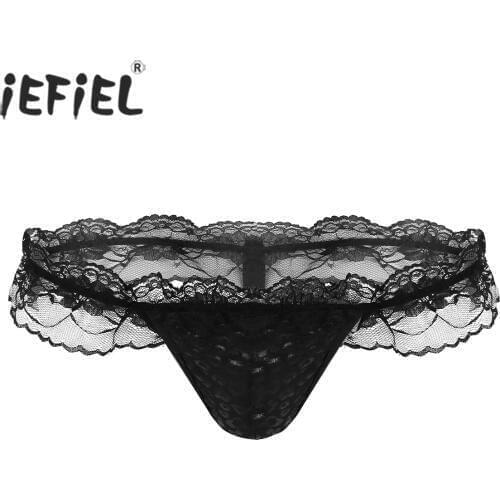 IEFiEL Mens Thongs Gay Hot Lingerie Panties Low Rise Ruffle Lace Open T Back Bulge Pouch Bikini G-string Underwear Underpants