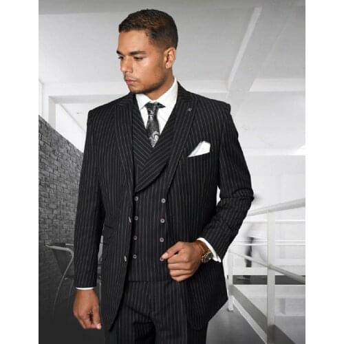 High Quality Black Stripe Business Men Suits Slim Fit Groom Tuxedos Wedding Terno Masculino Prom Blazer (Jacket +Pants+Vest)