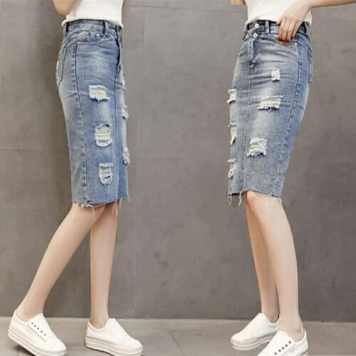 Summer women clothing denim fabric destroy washed skirts split skirts high waist slim hole women skirts cowboy solid color