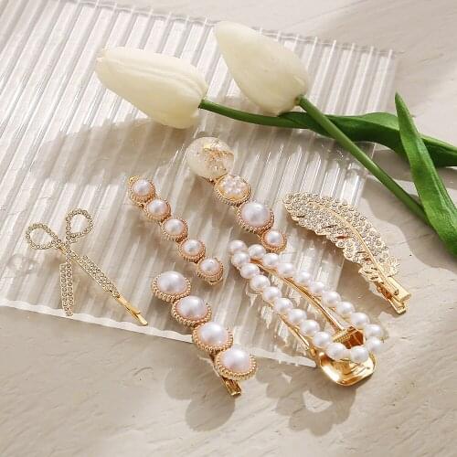 Handmade Pearls Hair Clips Pin For Women Fashion Geometric Flower Barrettes Headwear Girls Sweet Top Clip Crystal Accessorie