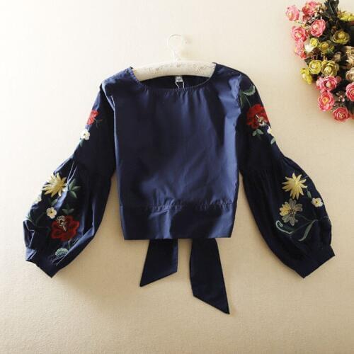 Womens Spring summer long sleeve flower embroidery vintage shirt Female high waist casual short cotton tops blouse TB1108
