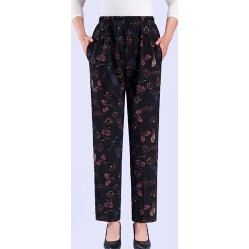 2021 Women Spring Autumn New Middle Age Loose Pants Female Casual Printed Pants Ladies Elastic Waist Straight Trousers E427